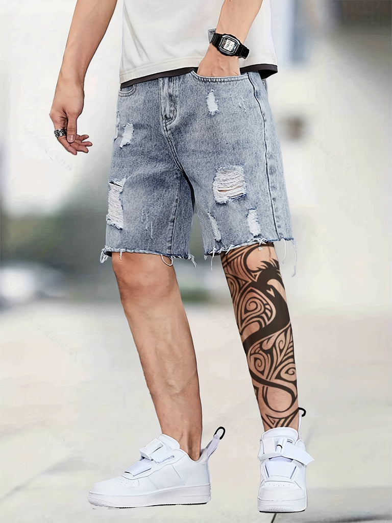 kkboxly  Chic Loose Fit Ripped Denim Shorts, Men's Casual Street Style Distressed Denim Shorts For Summer