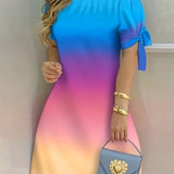 kkboxly  Color Block Off Shoulder Dress, Elegant Backless Short Sleeve Dress For Spring & Summer, Women's Clothing