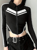 kkboxly  Colorblock Ribbed Zip Front Crop T-Shirt, Y2K Long Sleeve Top For Spring & Fall, Women's Clothing