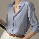 Elegant Striped Button Front Shirt, Long Sleeve Shirt For Office & Work, Women's Clothing