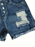 Blue Raw Hem Short Denim Pants, Slim Fit Ripped Slash Pockets Distressed Short Denim Trousers, Women's Denim Jeans & Clothing