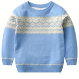Retro Geometric Pattern Boys Casual Color Block Knitted Sweater For Fall Winter, Gift For Kids