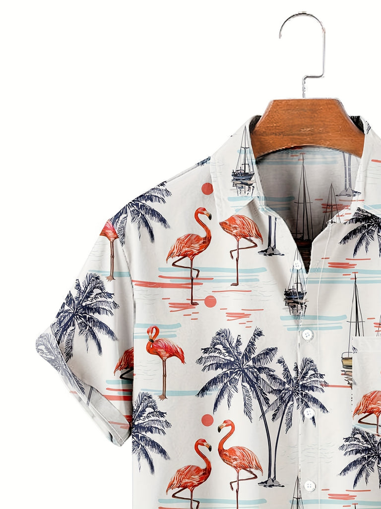 kkboxly  Men's Plus Size Hawaiian Tee Shirt with Flamingo and Coconut Tree Graphic - Casual Beach Loose Fit Button Down Short Sleeve Work Shirt with Pocket