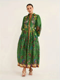 kkboxly  Peacock Print V Neck Dress, Elegant Lantern Sleeve Belted Dress, Women's Clothing