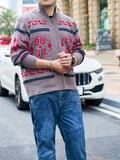 Plus Size Men's Band Collar Zipper Cardigan Color Matching Jacquard Long-sleeved Sweater