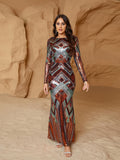 kkboxly  Sequined Crew Neck Formal Dress, Elegant Long Sleeve Backless Evening Dress For Party & Banquet, Women's Clothing