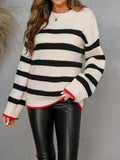 kkboxly Striped Crew Neck Loose Sweater, Elegant Long Sleeve Sweater For Fall & Winter, Women's Clothing