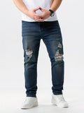 Plus Size Mens Ripped Washed Jeans, Loose Oversized Denim Long Pants, Vintage & Chic Style