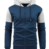 kkboxly  Zip Up Sports Hoodie, Men's Drawstring Contrast Color Casual Slim Fit Hoodie