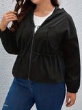kkboxly  Plus Size Casual Jacket, Women's Plus Solid Long Sleeve Zip Up Drawstring Hoodie Jacket