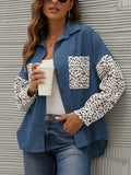 kkboxly  Corduroy Leopard Print Stitching Coat, Casual Lapel Long Sleeve Button Down Fashion Loose Outerwear, Women's Clothing