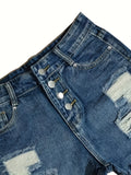 Blue Raw Hem Short Denim Pants, Slim Fit Ripped Slash Pockets Distressed Short Denim Trousers, Women's Denim Jeans & Clothing