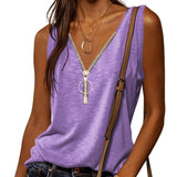 kkboxly  Casual V-neck Zipper Cami Top, Solid Fashion Sleeveless Loose Summer Fit Tank Top, Women's Clothing