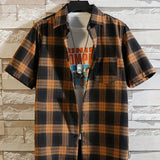 kkboxly  Stylish Plaid Short-Sleeve Shirt for Plus Size Men - Trendy Oversized Button Up Lapel Top for Summer Casual Wear