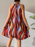kkboxly  Striped Pleated Halter Neck Dress, Sexy Sleeveless Random Print Dress For Spring & Summer, Women's Clothing