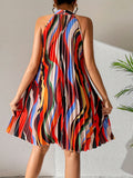 kkboxly  Striped Pleated Halter Neck Dress, Sexy Sleeveless Random Print Dress For Spring & Summer, Women's Clothing