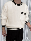 kkboxly  Crew Neck Knitted Striped Cuff Sweater, Men's Casual Warm Chest Pocket Slightly Stretch Pullover Sweater For Fall Winter