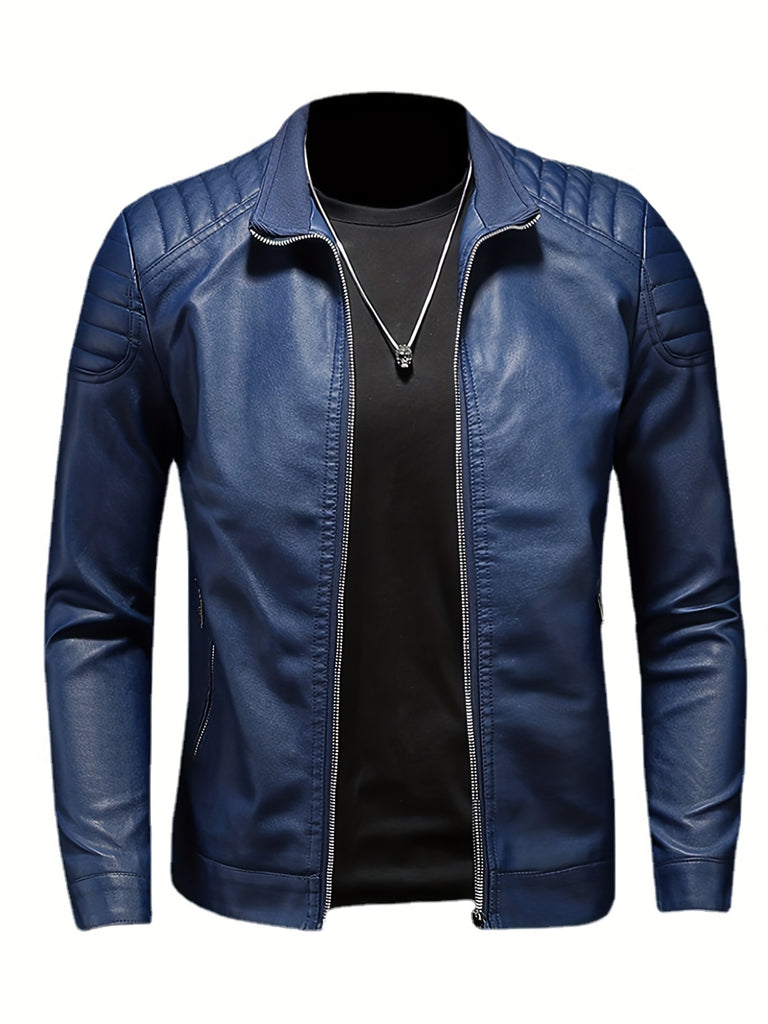 kkboxly  PU Biker Jacket, Men's Casual Solid Color Zip Up Stand Collar Faux Leather Jacket For Spring Fall