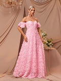 kkboxly  Sweetheart Neck Floral Dress, Puff Sleeve Off-shoulder Floor Length A-line Dress, Women's Clothing
