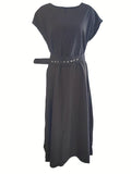 kkboxly  Round Neck Big Swing Dress, Casual Solid Color Belt Waist Summer Solid Trapeze Dresses, Women's Clothing