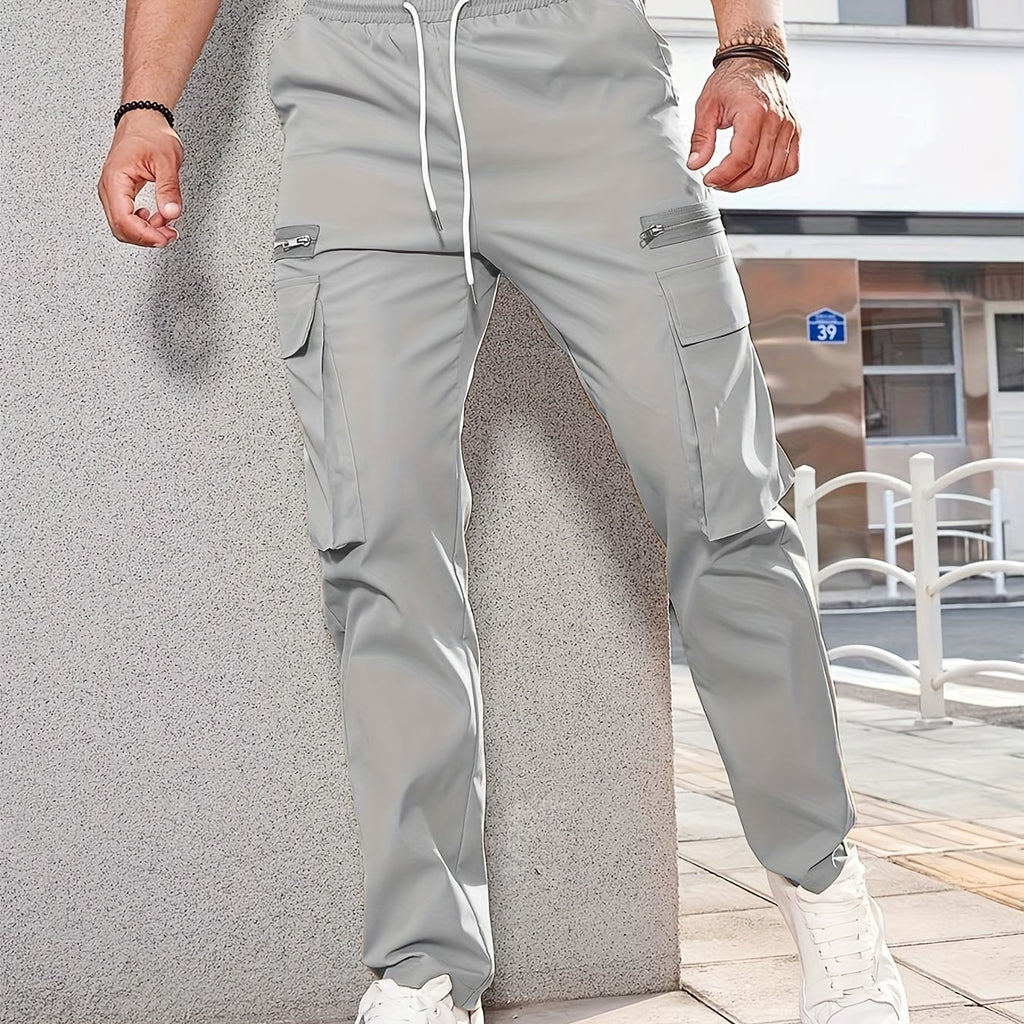 kkboxly  Classic Design Multi Flap Pockets Cargo Pants,Men's Loose Fit Drawstring Cargo Pants，For Skateboarding,Street,Outdoor Camping