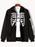 kkboxly  Skeleton Pattern Zip Up Hoodie, Men's Casual Stretch Hooded Sweatshirt Sportswear