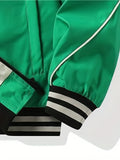 kkboxly  Towel Letter Embroidery Men's Retro Striped Long Sleeve Zip Up Sports Jacket With Pockets, Preppy Style Outwear With Stand Collar