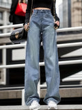 Blue Loose Fit Straight Jeans, Slant Pockets Non-Stretch Casual Wide Legs Jeans, Women's Denim Jeans & Clothing