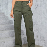 kkboxly  Plain Flap Pockets Cargo Pants, Loose Fit High Waist Wide Legs Sports Straight Jeans, Women's Activewear