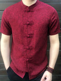 kkboxly  Plus Size Men's Chinese Style Men Shirt Stand Collar Short Sleeve Button Casual Loose Tops Solid Color Vintage Tang Suit Shirts