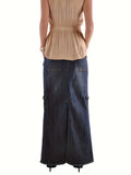 Blue Flap Pockets Cargo Denim Maxi Skirt, Raw Hem Single-Breasted Button Retro Denim Skirt, Women's Denim Clothing