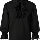 kkboxly  Men's Long Sleeve Retro Medieval Pirate Noble Shirt Renaissance Ruffled Collar Casual Beach Tops Festival Party Dress Shirt Solid Tee Shirt V-Neck Tops For Men Halloween