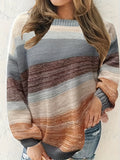 kkboxly  Plus Size Casual Sweater, Women's Plus Colorblock Long Sleeve Round Neck High Stretch Jumper