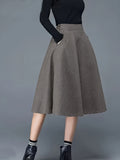 Solid High Waist Flared Skirt, Casual Midi Skirt With Pocket, Women's Clothing