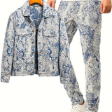 kkboxly  Men's Jacquard 2pcs, Trendy Lapel Long Sleeve Jacket And Straight Leg Stylish Pants For Spring And Autumn