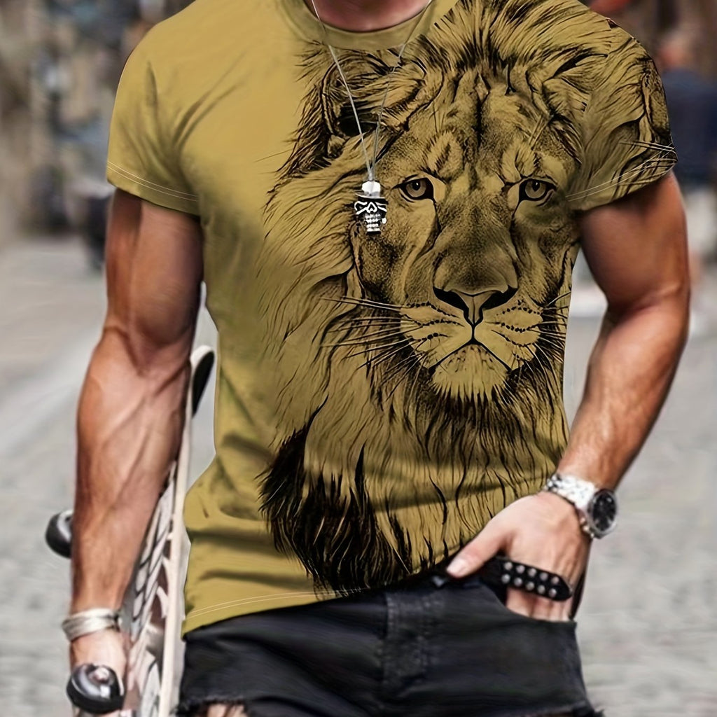kkboxly  Plus Size Men's Lion Graphic Tees, Comfy Stretch Summer T-shirts
