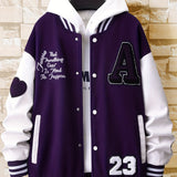 kkboxly  Men's Stand Collar Casual Loose Sports Jacket Color Block "A" Letter Embroidery Button Pocket Coat Top Clothes