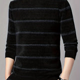 Men's Stylish Stripe Pattern Knitted Pullover, Casual Breathable Long Sleeve Crew Neck Top For City Walk Street Hanging Outdoor Activities