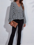 kkboxly  Plaid Lantern Sleeve Blouse, V Neck Long Sleeve Blouse, Elegant & Stylish Tops For Office & Work, Women's Clothing