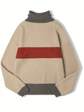 kkboxly  Turtle Neck Knitted Sweater, Men's Casual Loose Fit Warm Color Block High Stretch Pullover Sweater For Spring Fall