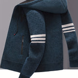 Men's Striped Fleece Hooded Cardigan, Casual Slightly Stretch Breathable Zip Up Thermal Jacket For Fall Winter Outdoor