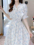 kkboxly  Floral Print Shirred Waist Dress, Elegant Short Sleeve Dress For Spring & Summer, Women's Clothing