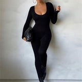 kkboxly  Solid Crew Neck Long Sleeve Bodycon Jumpsuit, Sports Yoga Skinny Long Length Seamless Jumpsuit, Women's Clothing