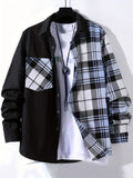 kkboxly  Stylish Collage Chest Pocket Plaid Pattern Casual Long Sleeve Button Up Shirt, Men's Clothes For Spring Summer Fall Outdoor