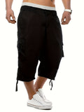 Men's Plain Zip Pocket Drawstring Hem Cargo Shorts For Spring And Summer