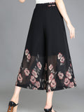 Floral Pattern Chiffon Cropped Wide Leg Pants, Casual Belted Pants For Spring & Fall, Women's Clothing