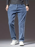 kkboxly  Men's Stylish Cotton Blend Solid Denim Trousers With Pockets, Causal Breathable Slim-fit Jeans For Spring Fall Outdoor Activities