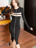 kkboxly  Zip Up Striped Dress, Casual Long Sleeve Bodycon Midi Dress, Women's Clothing