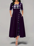 2025 kkboxly  Plaid Print Splicing Dress, Casual Crew Neck Short Sleeve Summer Asymmetrical Dress, Women's Clothing