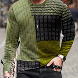 kkboxly Color Block Men's Long Sleeve Vintage Novelty T-shirt, Stylish Tees For Autumn, Mens Clothing